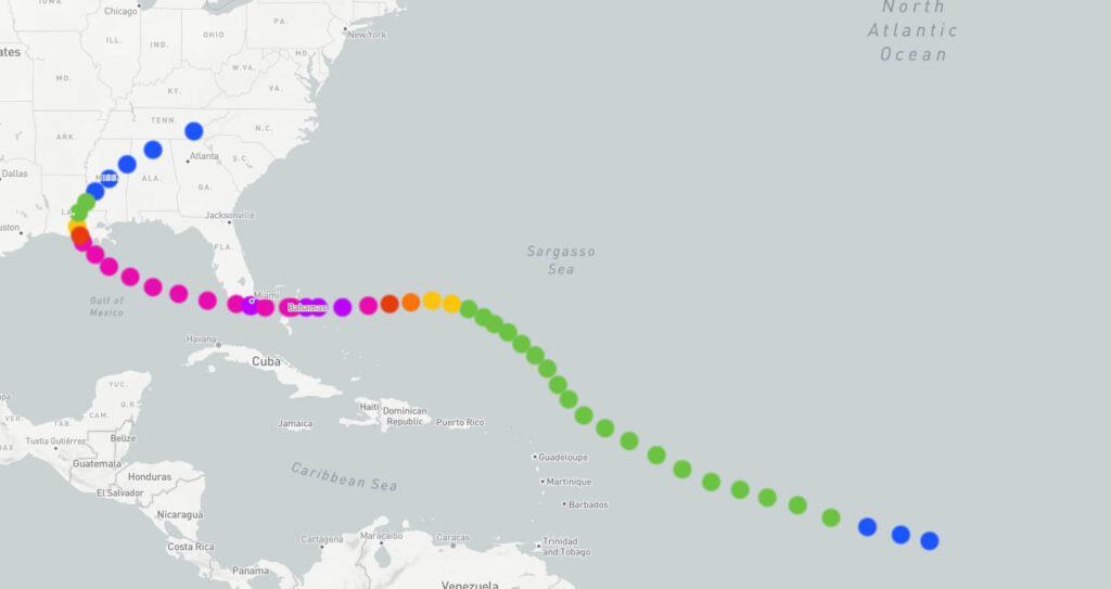 Path of Hurricane Andrew in 1992, beginning outside of the Caribbean Sea, off the west coast of Africa.