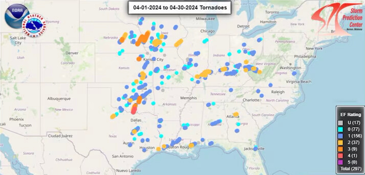 NOAA tornado map for 2024