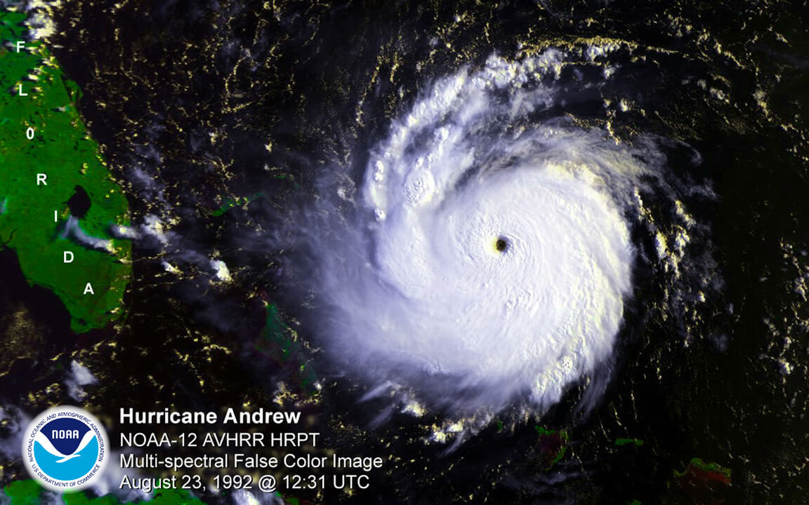 Satellite image of Category 5 Hurricane Andrew approaching South Florida in August, 1992