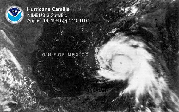 Satellite image of Category 5 Hurricane Camille approaching land in the Gulf Coast