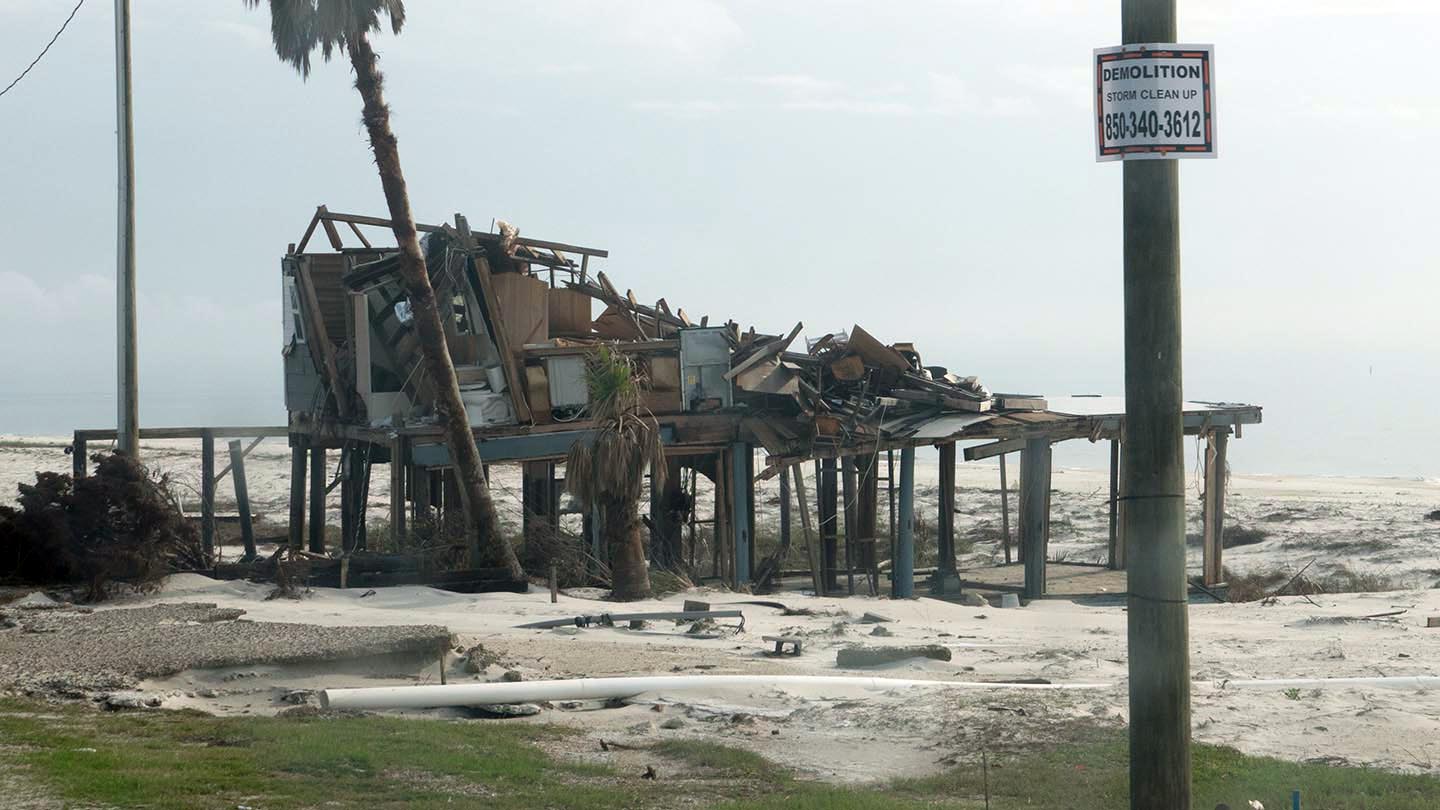 Beach house destroyed on Gulf Coast after Category 5 Hurricane Michael.