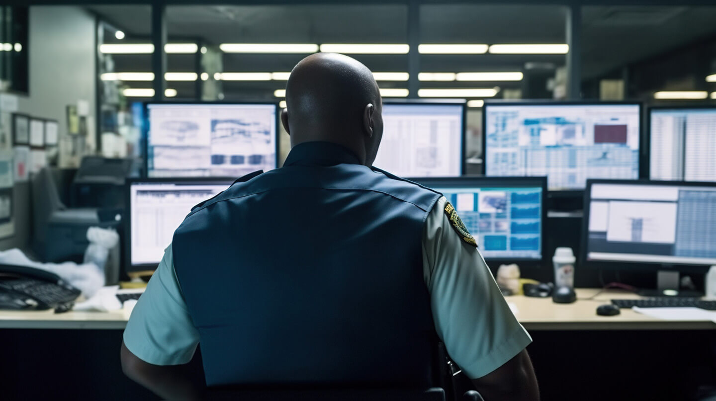 Emergency Operations Center worker monitoring screens